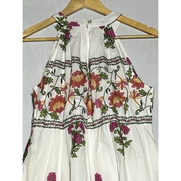 THML Midi Halter Sundress XS White Pink Floral A Line Tiered Voile Cotton Dress - Picture 5 of 14